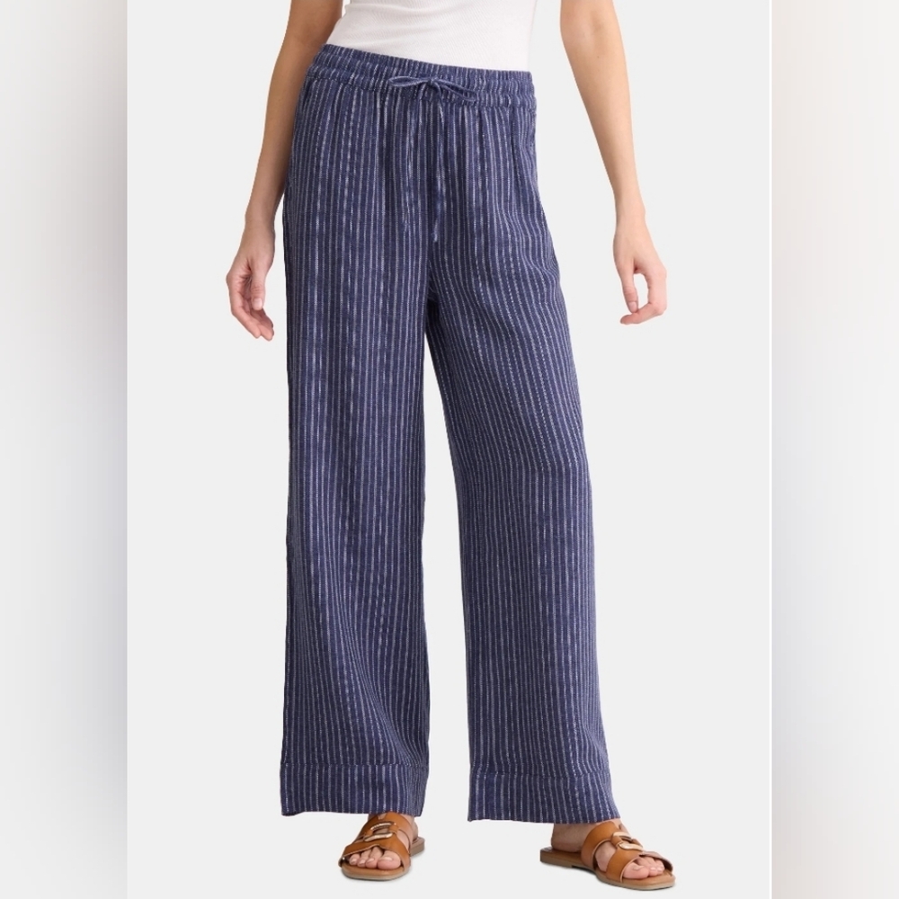 Nwt Linen Blend Womens Striped Blue Pants - Picture 3 of 4
